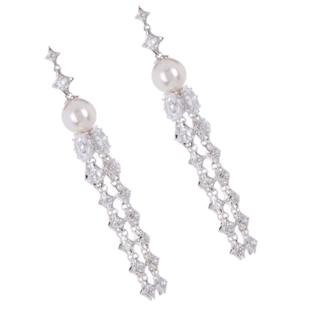 NWT $160 Nadri Silver Tone pearl crystal tassel drop chandelier earrings